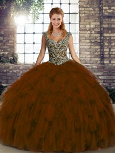 Floor Length Brown Sweet 16 Dress Straps Sleeveless Lace Up