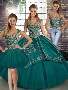 Tulle Straps Sleeveless Lace Up Beading and Embroidery Sweet 16 Dresses in Teal