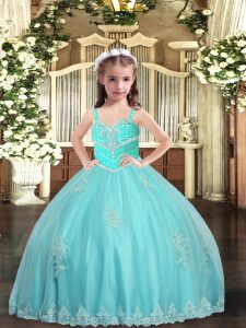 Dramatic Aqua Blue Tulle Lace Up Straps Sleeveless Floor Length Pageant Dress Appliques