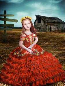 Floor Length Lace Up Girls Pageant Dresses Orange Red for Wedding Party with Embroidery and Ruffled Layers