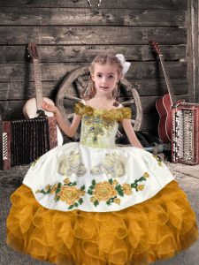 Gold Ball Gowns Organza Off The Shoulder Sleeveless Beading and Embroidery and Ruffles Floor Length Lace Up Little Girl Pageant Dress