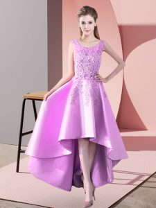 Fabulous High Low Zipper Quinceanera Court Dresses Lilac for Wedding Party with Lace