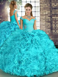 Exceptional Floor Length Aqua Blue Quinceanera Gowns Off The Shoulder Sleeveless Lace Up