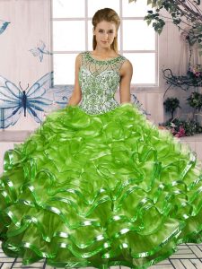 Scoop Sleeveless Organza Quinceanera Gowns Beading and Ruffles Lace Up