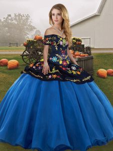 Enchanting Blue And Black Ball Gowns Off The Shoulder Sleeveless Tulle Floor Length Lace Up Embroidery Vestidos de Quinceanera