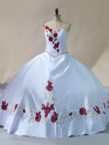 Modern Sleeveless Satin Floor Length Lace Up Sweet 16 Quinceanera Dress in White with Embroidery