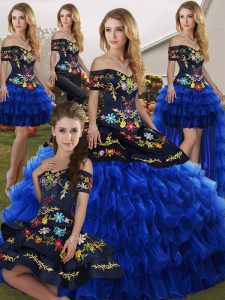 Chic Floor Length Lace Up Sweet 16 Quinceanera Dress Blue And Black for Military Ball and Sweet 16 and Quinceanera with Embroidery and Ruffled Layers