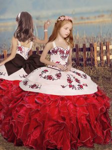 Red Ball Gowns Embroidery and Ruffles Little Girls Pageant Gowns Lace Up Organza Sleeveless Floor Length
