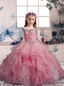 Best Pink Lace Up Off The Shoulder Beading and Ruffles Pageant Dress for Teens Organza Sleeveless