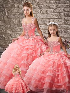 Designer Watermelon Red Ball Gowns Organza Straps Sleeveless Beading and Ruffled Layers Lace Up Quinceanera Dress Court Train