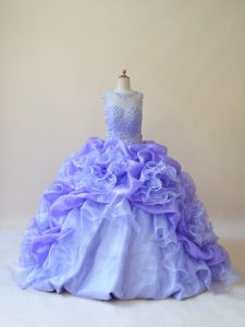 Lavender Organza Zipper Scoop Sleeveless Sweet 16 Quinceanera Dress Brush Train Beading and Ruffles