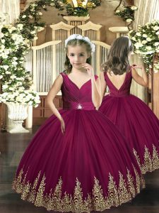 Floor Length Burgundy Little Girl Pageant Dress Tulle Sleeveless Embroidery