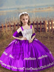 Purple Little Girls Pageant Dress Wedding Party with Beading and Embroidery Straps Sleeveless Lace Up