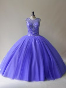 Pretty Scoop Sleeveless Vestidos de Quinceanera Floor Length Beading Purple Tulle