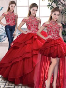Artistic Red Lace Up Quinceanera Dress Beading and Ruffles Sleeveless