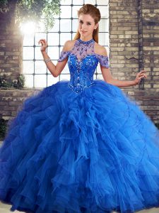 Royal Blue Ball Gowns Halter Top Sleeveless Tulle Floor Length Lace Up Beading and Ruffles Sweet 16 Dresses