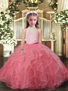 Fancy Watermelon Red Tulle Backless Pageant Dress Sleeveless Floor Length Ruffles