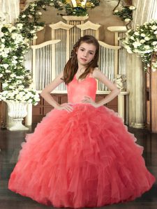 High Class Floor Length Coral Red Kids Pageant Dress Straps Sleeveless Lace Up