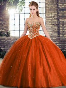 Sweetheart Sleeveless 15 Quinceanera Dress Brush Train Beading Rust Red Tulle
