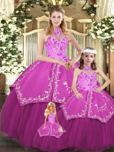 Smart Fuchsia Lace Up Quinceanera Dresses Embroidery Sleeveless Floor Length
