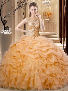Orange Sleeveless Floor Length Beading and Ruffles Lace Up Sweet 16 Dress