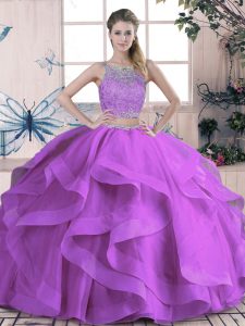 Stylish Purple Two Pieces Scoop Sleeveless Tulle Floor Length Lace Up Beading and Lace and Ruffles Quinceanera Gowns