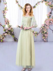 Free and Easy Yellow Green Off The Shoulder Side Zipper Lace and Belt Damas Dress Half Sleeves