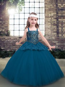 Blue Straps Neckline Beading Pageant Gowns Sleeveless Lace Up