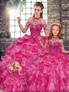Glorious Fuchsia Quince Ball Gowns Military Ball and Sweet 16 and Quinceanera with Beading and Ruffles Halter Top Sleeveless Lace Up