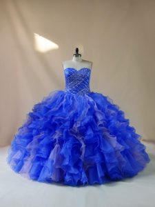 Sweetheart Sleeveless Quinceanera Dress Floor Length Beading and Ruffles Royal Blue Organza
