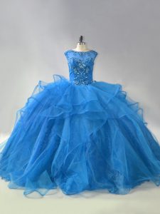 Luxurious Blue Sleeveless Organza Brush Train Lace Up Quinceanera Gowns for Sweet 16 and Quinceanera