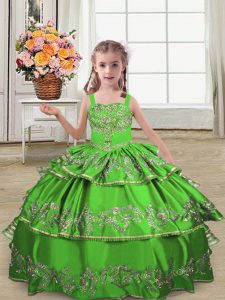 On Sale Green Ball Gowns Embroidery and Ruffled Layers Pageant Dress for Womens Lace Up Satin Sleeveless Floor Length