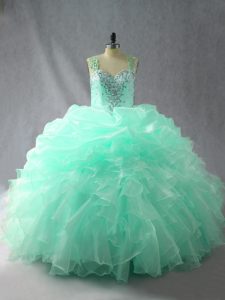 Apple Green Organza Zipper Quinceanera Gown Sleeveless Floor Length Beading and Ruffles and Pick Ups
