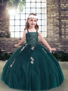 Teal Ball Gowns Appliques Kids Pageant Dress Lace Up Tulle Sleeveless Floor Length