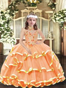 Orange Halter Top Neckline Appliques and Ruffled Layers Pageant Gowns For Girls Sleeveless Lace Up