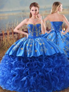 Sweetheart Sleeveless 15 Quinceanera Dress Brush Train Embroidery and Ruffles Royal Blue Fabric With Rolling Flowers