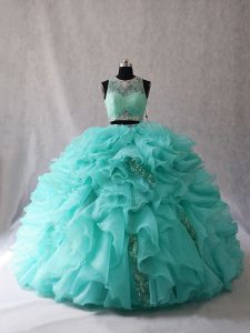 Aqua Blue Organza Zipper Scoop Sleeveless Vestidos de Quinceanera Brush Train Beading and Ruffles