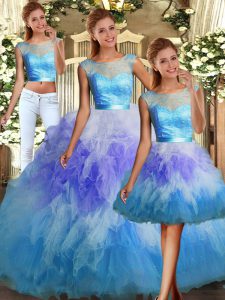 Multi-color Scoop Neckline Lace and Ruffles Quinceanera Gowns Sleeveless Backless