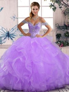 Simple Sleeveless Floor Length Beading and Ruffles Lace Up Quinceanera Gown with Lavender