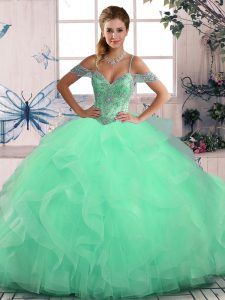 Unique Sleeveless Tulle Floor Length Lace Up Quinceanera Dress in Apple Green with Beading and Ruffles