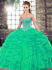 Eye-catching Turquoise Sleeveless Floor Length Beading and Ruffles Lace Up Vestidos de Quinceanera