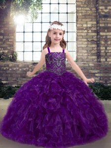 Sleeveless Floor Length Beading and Ruffles Lace Up Kids Formal Wear with Eggplant Purple