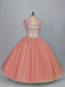 Inexpensive Watermelon Red Ball Gowns Sweetheart Sleeveless Tulle Floor Length Lace Up Beading 15th Birthday Dress