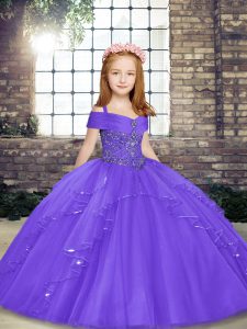 Fashionable Floor Length Lace Up Pageant Gowns For Girls Lavender for Party and Wedding Party with Beading