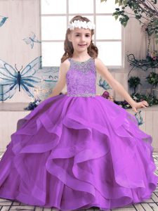 Sleeveless Lace Up Floor Length Beading and Ruffles Little Girls Pageant Gowns