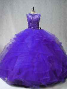 Purple Sleeveless Tulle Brush Train Lace Up 15 Quinceanera Dress for Sweet 16 and Quinceanera