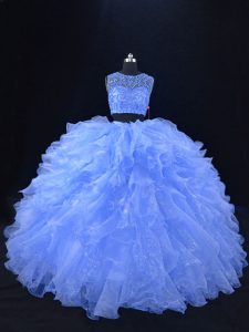 Suitable Sleeveless Floor Length Beading and Ruffles Zipper Sweet 16 Quinceanera Dress with Blue