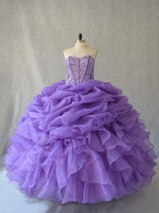 Spectacular Sleeveless Floor Length Beading and Ruffles and Pick Ups Lace Up Sweet 16 Dresses with Lavender