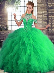 Modest Green Sleeveless Floor Length Beading and Ruffles Lace Up Quinceanera Gowns