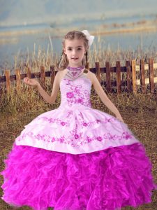 Customized Lilac Lace Up Little Girls Pageant Dress Beading and Embroidery and Ruffles Sleeveless Floor Length